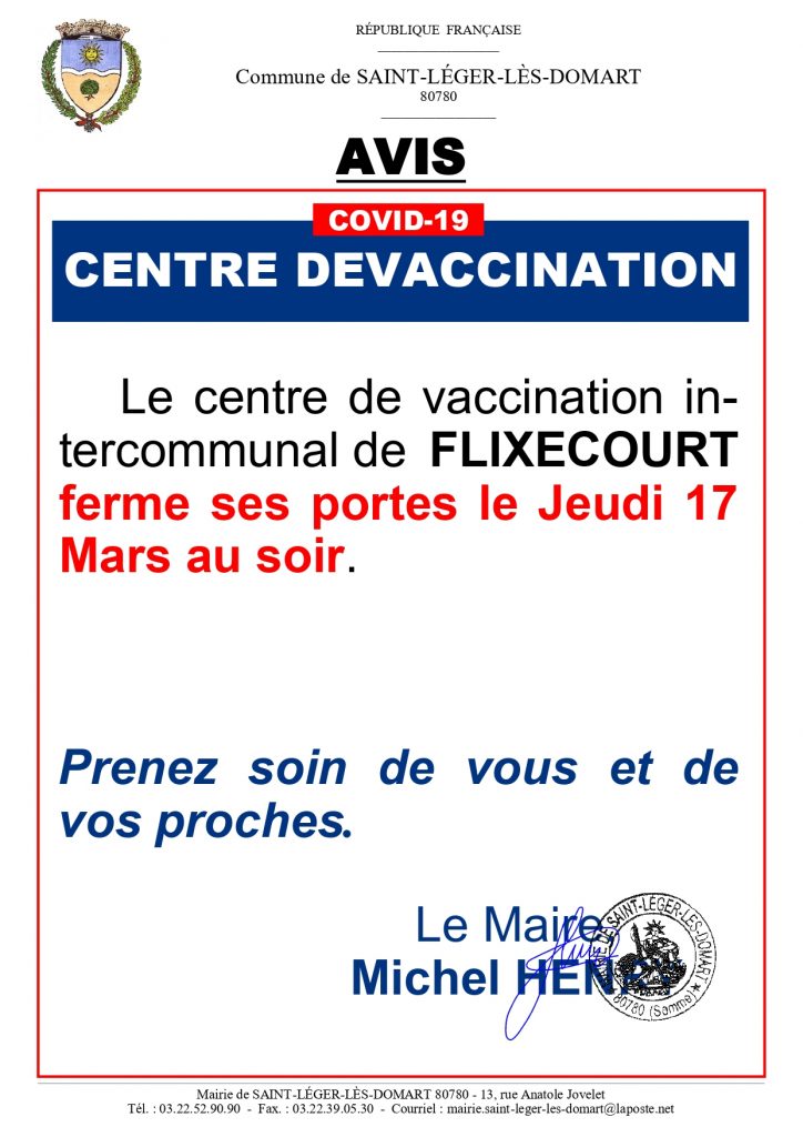 Fermeture centre de vaccination Flixecourt